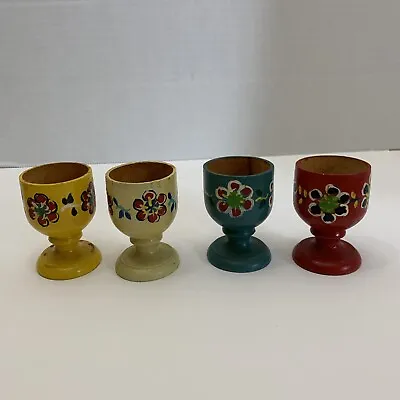 Set Of Four Vintage Wooden Hand Painted Egg Cups Mid Century  • $14.40