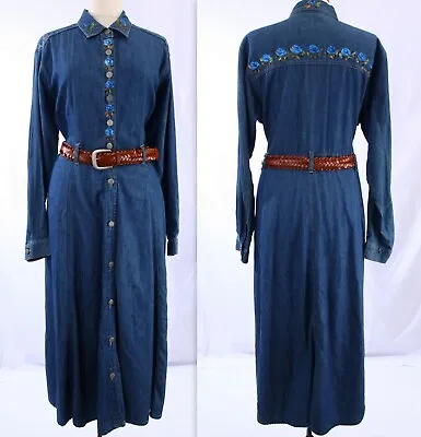 Vtg Hand Painted Denim Chambray Maxi Dress Country Western Button Front Pockets • £37.95