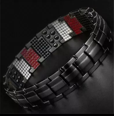 Mens Black Double Row Magnetic Bracelet 4in1 Bio Energy Pain Relief Arthritis • £14.88