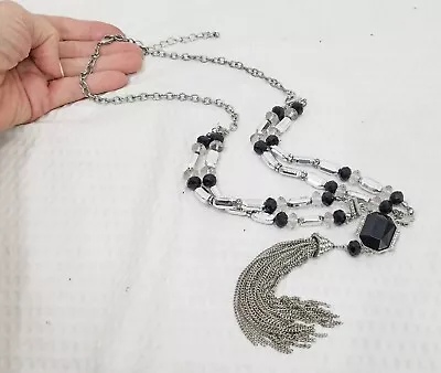 Crystal And Black Silver Tone Multi Strand Tassel Fringe Pendant Long Necklace • $18.95