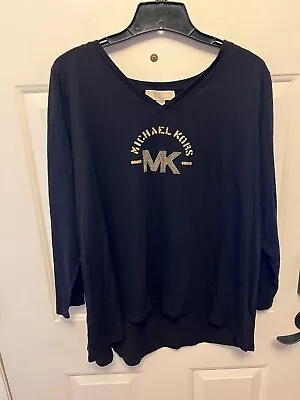 Michael Kors Women’s T-shirt Top Black Mk Logo Gold Sequins Sz 1x Long Sleeve • $15
