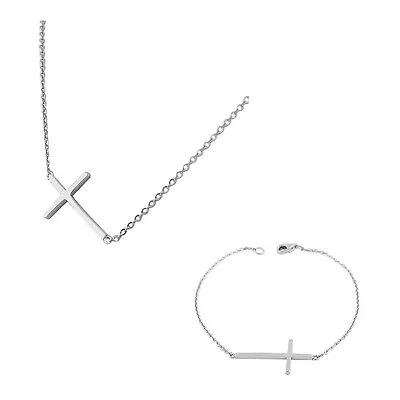 925 Sterling Silver Sideways Religious Cross Chain Pendant Necklace Bracelet Set • $29.99