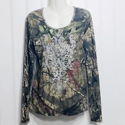 GWG Camouflage Top XLarge Brown Mossy Oak Camo Studded Lace Overlay Pullover • $30.48