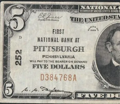 Rare First National Bank At Pittsburgh Pa 1929 $5 Charter # 252 • $79.99