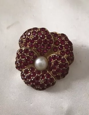 Vintage Jómaz Mazer Ruby Rhinestones Pearl Flower Brooch • $135