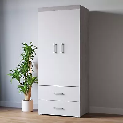 2 Door 2 Drawer Wardrobe - White & Grey Oak Effect Bedroom Furniture Storage NEW • £124.95