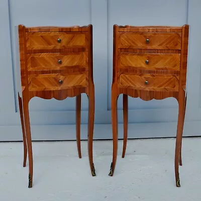 £450 • Buy Pair Of Walnut Marquetry French Antique Louis Style Bedside Tables