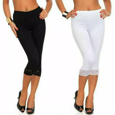 Women's Capri Ultra Soft Lace Trim Leggings Stretchy Cotton 3/4 Cropped Pant • £7.95