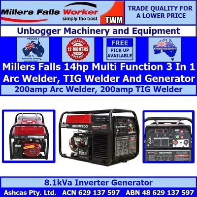 Millers Falls Multi Function 3 In 1 Arc Welder TIG Welder & Inverter Generator • $4841