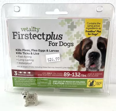 Vetality Firstect Plus For Dogs 89-132 Lbs / 3 Month Supply / FLEAS TICKS LICE • $12.99