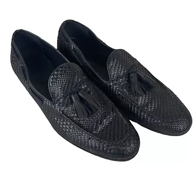 Zara Man Navy Dark Blue Leather Woven Loafers EU 44(9.5) • $10