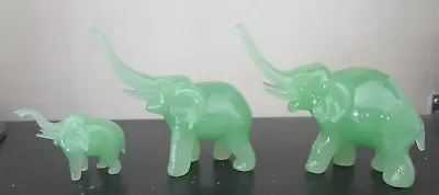 Vintage Jade Jadeite Green Glass Trunk Up Tusks Elephant Figurines Family Set/3 • $49.99