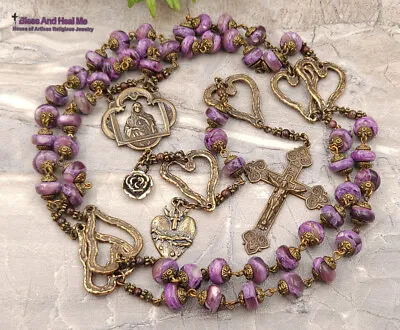 Immaculate Heart Of Mary Open Heart Purple Charoite Vintage Bronze Rosary • $241