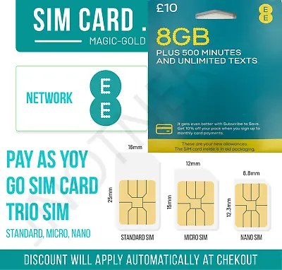EE SIM CARD  Pay As You Go PAYG Standard Micro Nano Size 8GB Data BARGAIN • £0.99