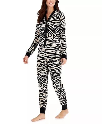 Jenni Hooded Velour One-Piece Unionsuit Pajama - Beige Zebra Print XL #7530 • £20.23