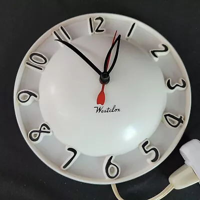 Vintage Westclox MCM White Round Atomic Kitchen Kitschy Wall Clock S8-B See Vid! • $85.73