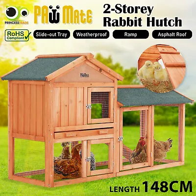 Rabbit Hutch Chicken Coop Run 2 Storey Wooden Cage Large Pet House Metal Outdoor • $139