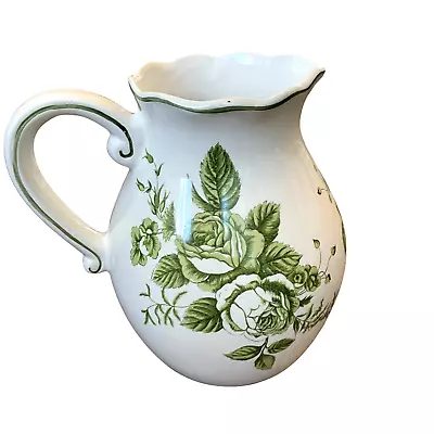 Maxcera Green Toile Easter Bunny Rabbit Cabbage Rose Ceramic Floral Pitcher New • $34