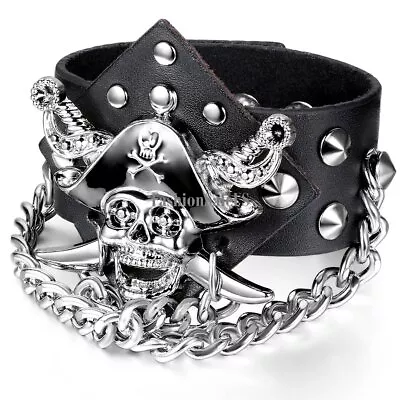 Mens Gothic Black PU Leather Band Rivet Skull Chain Bracelet Wristband Cuff Gift • $2.99