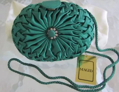 New MAGID Emerald Green Satin Pleated Hinged Clutch / Rhinestone Floral Accent • $22.50