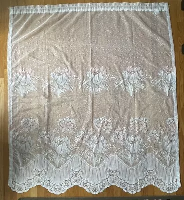 Vintage Lace Curtain Panel White Light Pink Floral Scalloped 55x65 Made In USA • $16