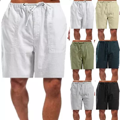 Mens Cotton Linen Shorts Drawstring Elasticated Summer Loose Casual Half Pants • $16.89