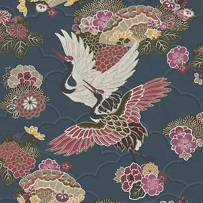 Navy Kyoto Crane Wallpaper Textured Oriental Japanese Birds Floral Pink • £12.99