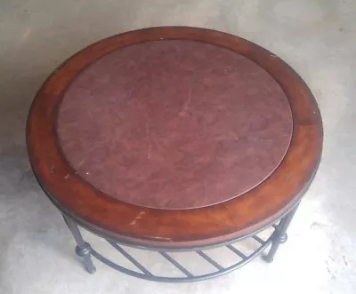 045 Metal & Wood Leather Top Round Coffee Table  • $79.99