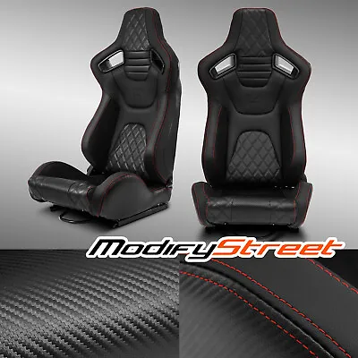 2X Black PVC+Red Stitching & Bottom Carbon Fiber Reclinable Leather Racing Seats • $324.98