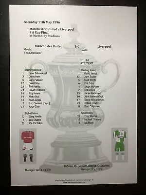 1995-96 Manchester United V Liverpool FA Cup Final Matchsheet • £2.75