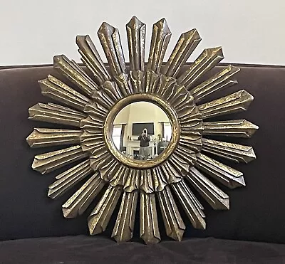 Sunburst Wood Gilt Mirror Large Mid Century Modern 21 1/2  Diameter • $390