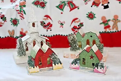 $59.99 • Buy 4 Vintage Putz Christmas Village Church House Loofa Tree Mica Japan