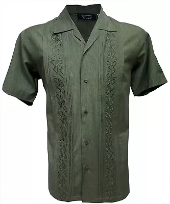 £29.99 • Buy Men's Retro Vintage Guayabera Embroidered Shirt Khaki Green Cuban Style