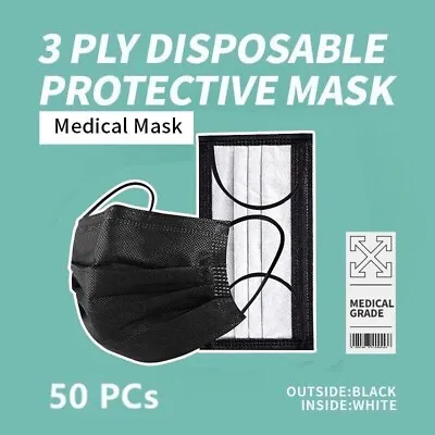 50 Pcs Black 3-Ply Face Mask Disposable Medical Grade Earloop Mouth Cover • $8.97