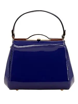 Retro Glossy Blue HandBag | Vintage Style Royal Blue Patent Kelly Frame Bag • £41.99