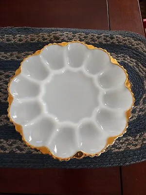 Vintage Anchor Hocking Egg Plate Platter Milk Glass Gold Trim Easter • $10.95