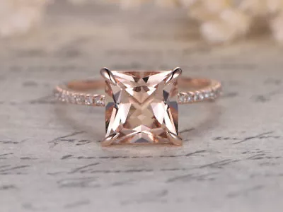 Ct Princess Morganite Simulated Diamond Engagement Ring 14k Rose Gold 925 Silver • $96.75