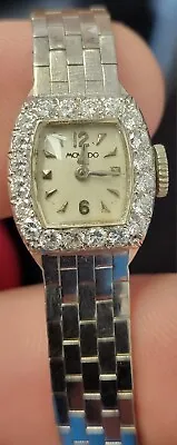 Vintage Movado 14k Ladies Watch W/20 WHITE Diamond Around The Face. 9mm Across. • $1294.95