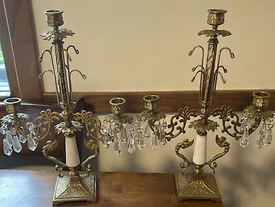 Vintage Cast Brass / Marble Candelabra Pair  Crystal Prism • $199