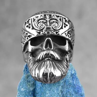 Mens Stainless Steel Motorcycle Club Biker Punk Beard Skull Ring Men Size 7-15 • $12.99