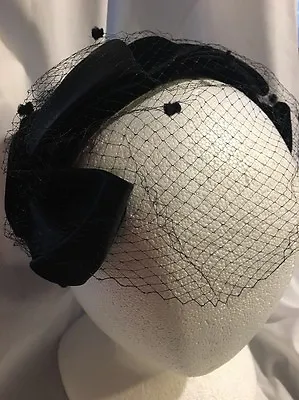 Vint  Ladies Evening Toque Black Topper W /Veil Net Sculpture Cup Hat* • $29.99