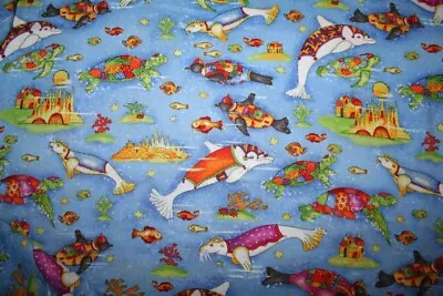 2 Yards Middle Eastern Arabian Animals Dolphin Turtles Seals Cotton Fabric • $16