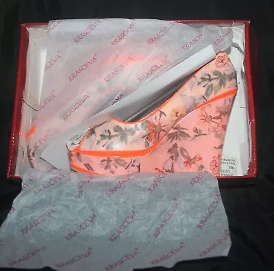 BNIB Orange Floral Peep-toe Platform Wedge Heel Sandal Shoe 50s Pinup UK 4 EU 37 • £12