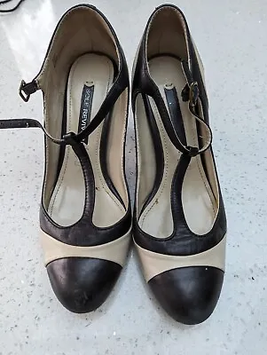 Cream And Black T-Bar Leather Shoes - Next - Size 5/38 • £3.99