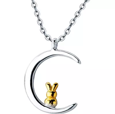 Sterling Silver Moon Gold Rabbit Bunny Pendant Necklace 16-18  Chain Gift Box AJ • $14.97