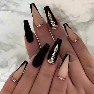 False Nails Luxury Long Matte Black Pink Rhinestones Gems 24PK + Nail Tabs BN340 • £5.99