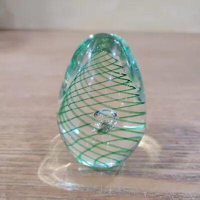 Vintage Murano Glass Egg Paperweight Green Clear Swirl Miniature 2.75” Bubbles • $21