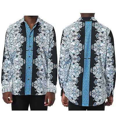 Mens PREMIERE Long Sleeve Button Down Dress Shirt BLACK SMOKING CLOUD DESIGN 741 • $39.99