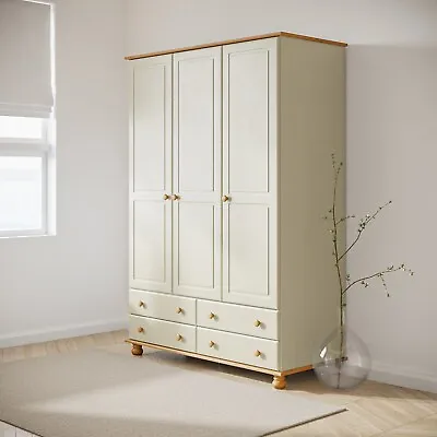 £329.92 • Buy Wardrobe 3 Door 4 Drawer Cream Solid Pine Wooden With Bun Feet Classic Style