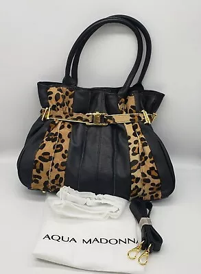 Aqua Madonna Leather Shoulder Bag Leopard Calf Hair Accents Hobo Bag Purse • $39.95